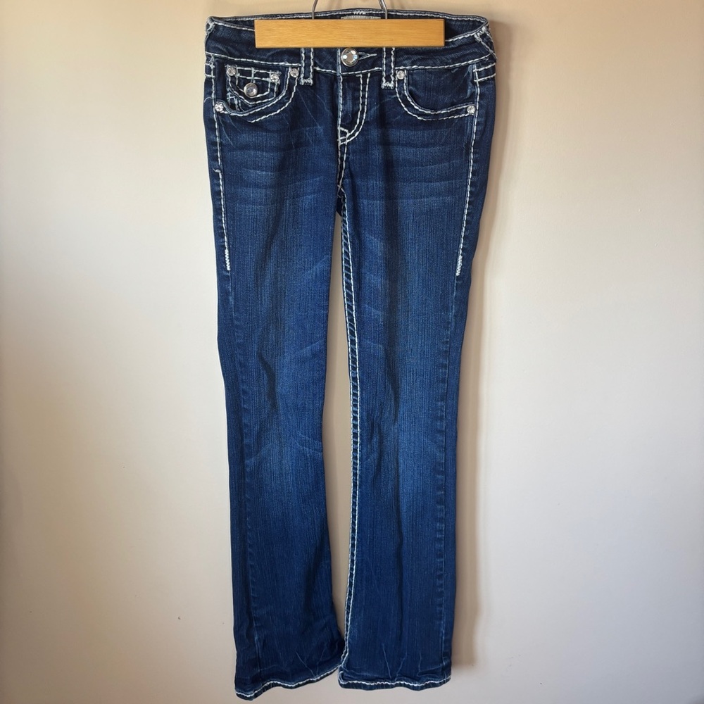 L.A. Idol Y2K Dark Wash Blue Flare Jeans Natural Fading Faux Diamond Detail Pant